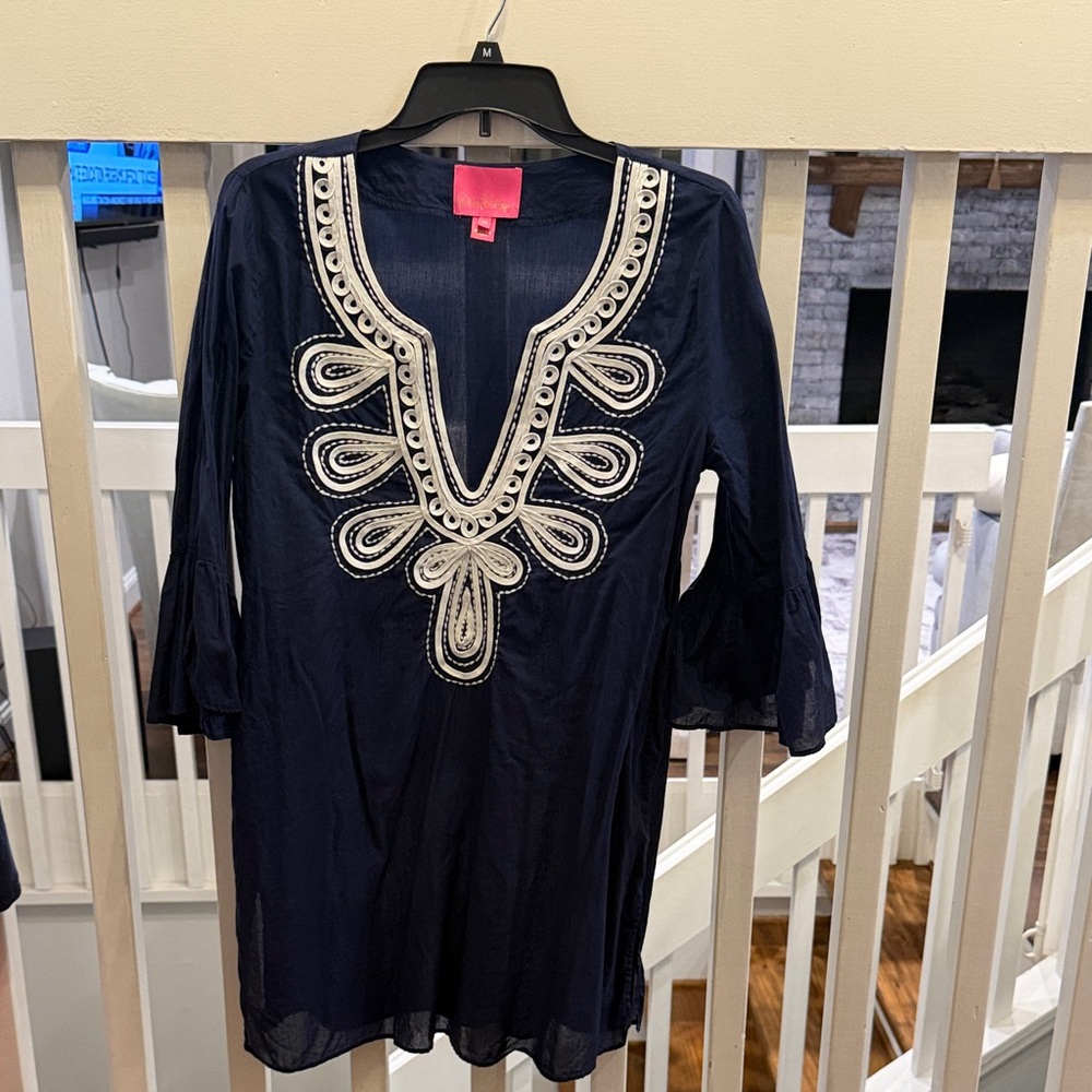 Lilly Pulitzer Navy Tunic swimsuit coverup with white embroidery